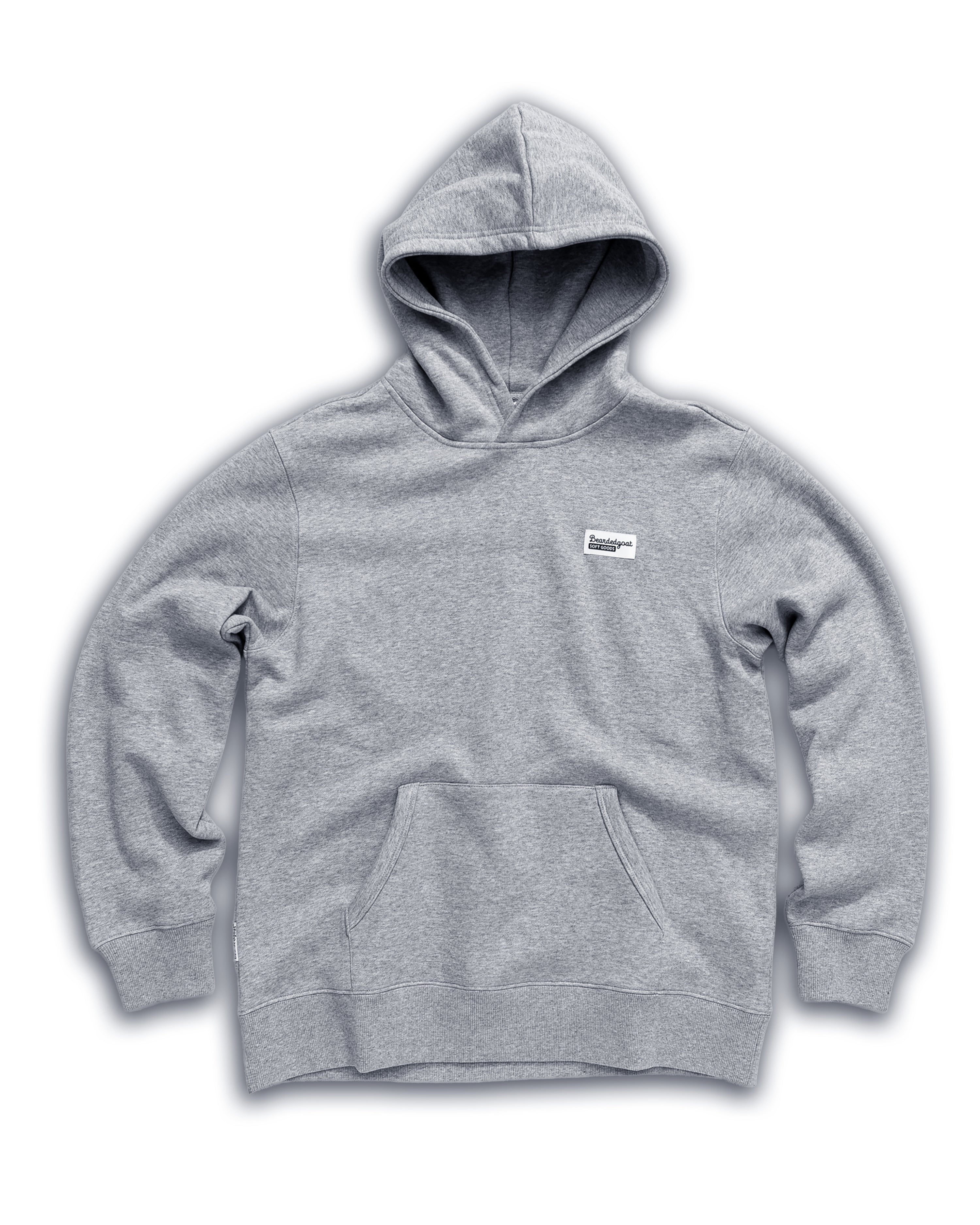 The VOID™ Hoodie by beardedgoat is a light gray men’s hoodie made of heavyweight cotton fleece, with a front pocket and a small white rectangular label on the left chest. The best-selling hoodie is laid flat on a white background.