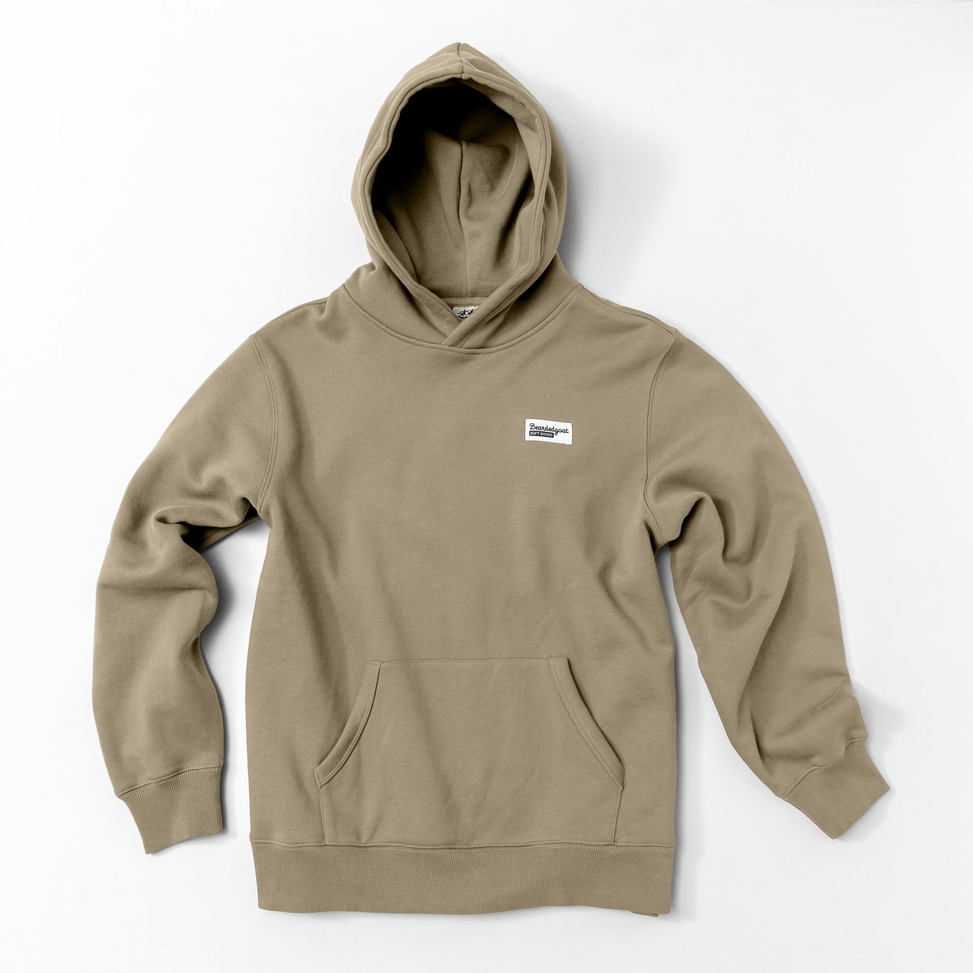 The beardedgoat Men's Void Hoodie in khaki features premium fleece, a hood, front pocket, and a small white rectangular logo on the left chest, shown laid flat on a white background.