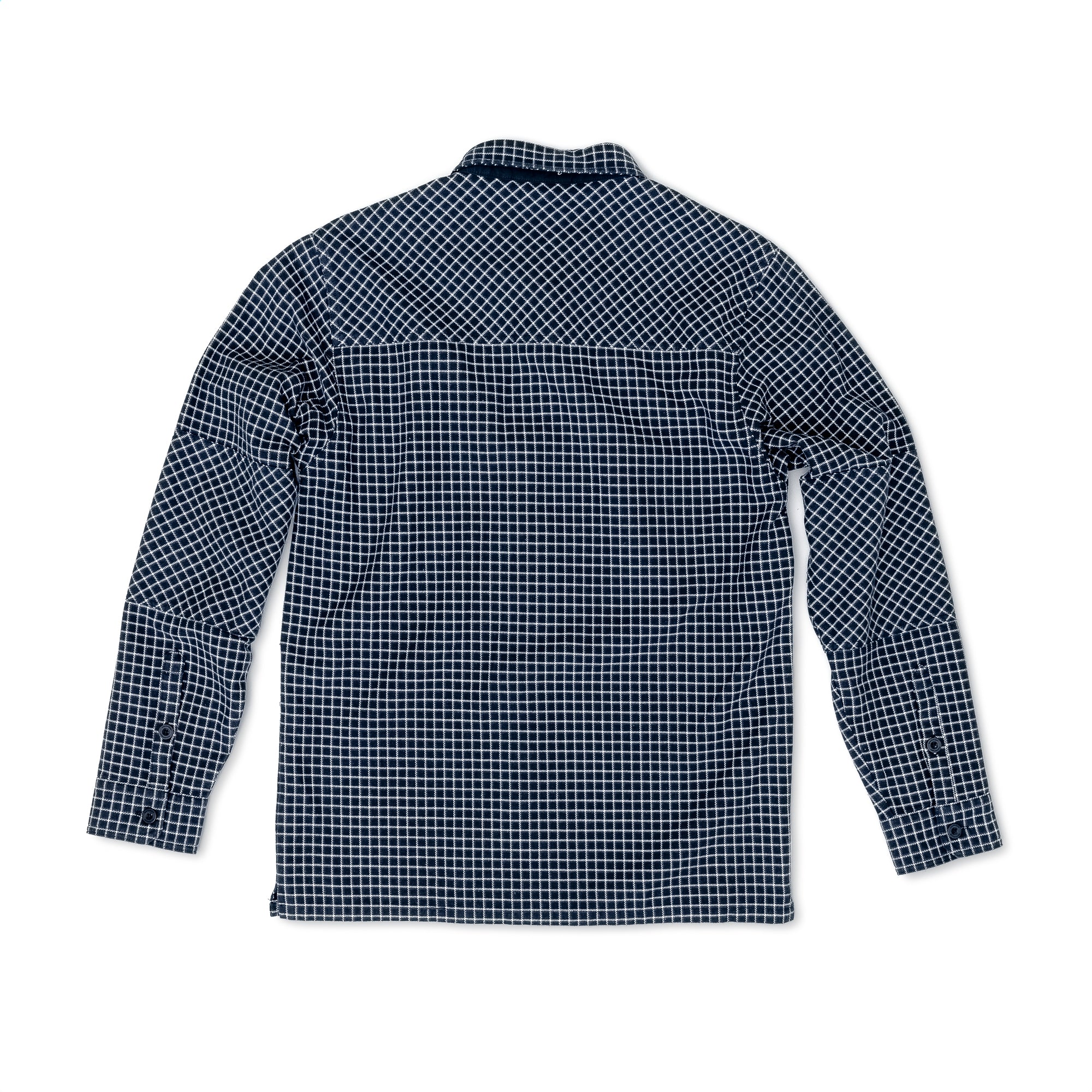 The beardedgoat Mens Ozark Utility Flannel, a heavyweight cotton, navy and white checkered long-sleeve shirt in a classic fit, is displayed from the back against a white background.