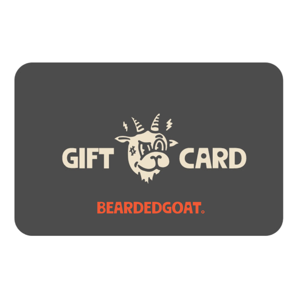The BG Gift Card by beardedgoat is a dark gray e-gift card with a stylized goat face and bold red branding—perfect for giving them the freedom to choose their favorite gifts.