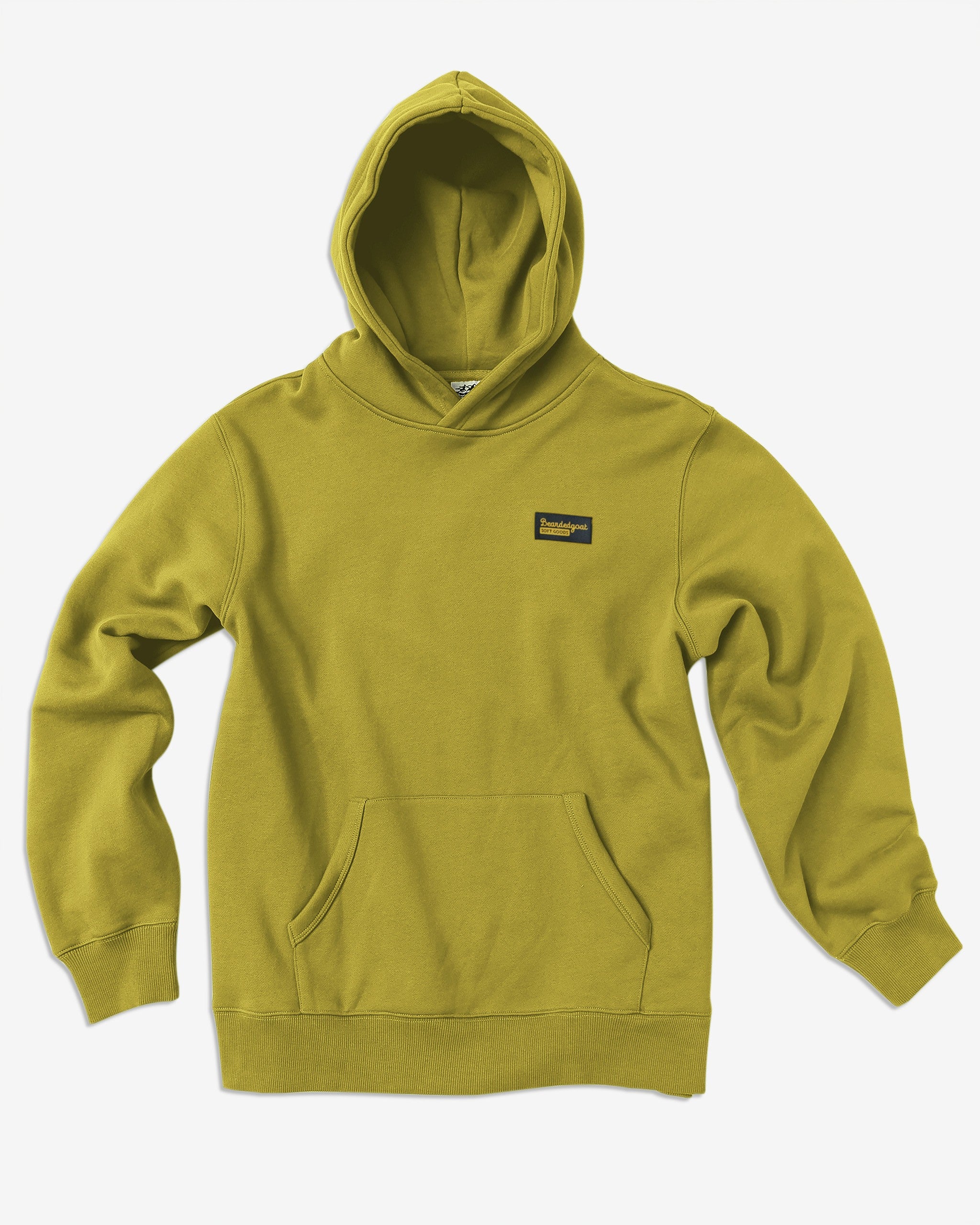 The VOID™ Hoodie by beardedgoat, in Golden Palm, is a men’s heavyweight cotton fleece hoodie featuring a front pocket and a small rectangular black patch on the left chest, shown laid flat on a white background.