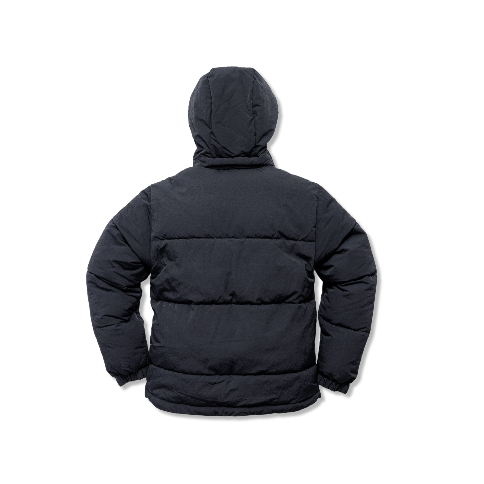 The beardedgoat Womens Wallowa Puffer Jacket in black is shown from the back against a white background, featuring a hood, long sleeves, quilted design, and Featherlight™ synthetic down insulation for warmth.