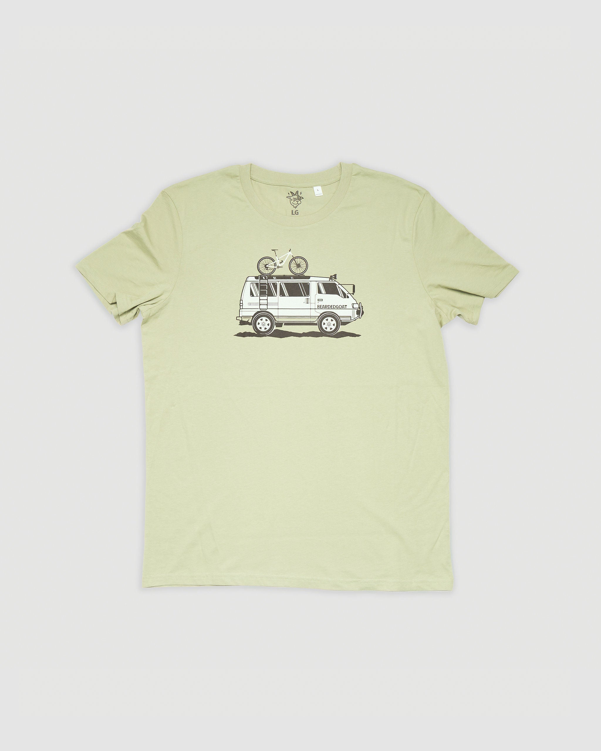 The BEARDEDGOAT Overland Tee - Sage is a light sage t-shirt with a black line drawing of a van and roof-mounted bicycle, centered on the chest against a plain background.
