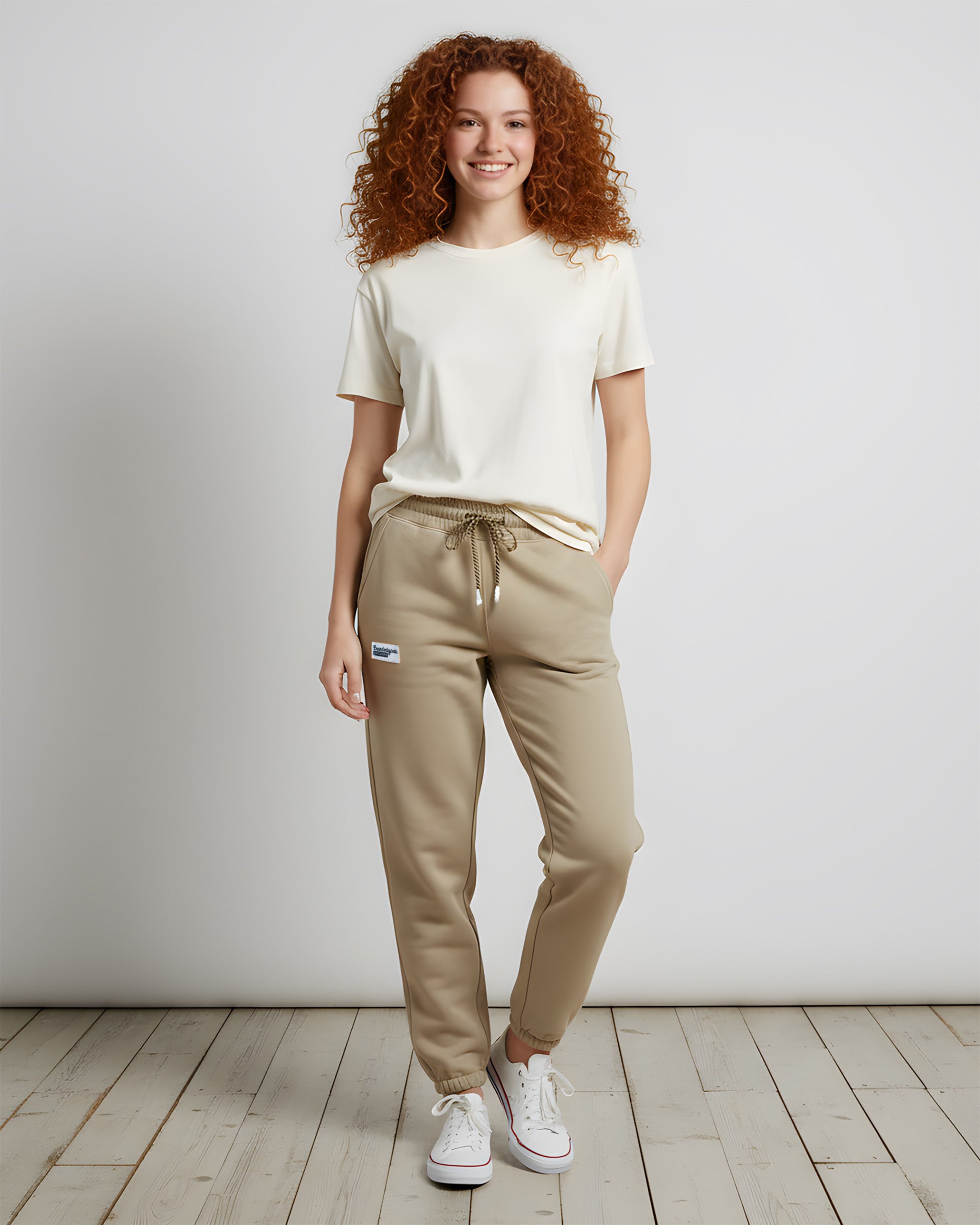 A smiling woman with curly red hair wears a plain white tee, white sneakers, and BEARDEDGOAT’s Women’s Overnight™ Classic Jogger, featuring a high-rise waistband and heavyweight cotton fleece, standing on a light wooden floor against a white background.