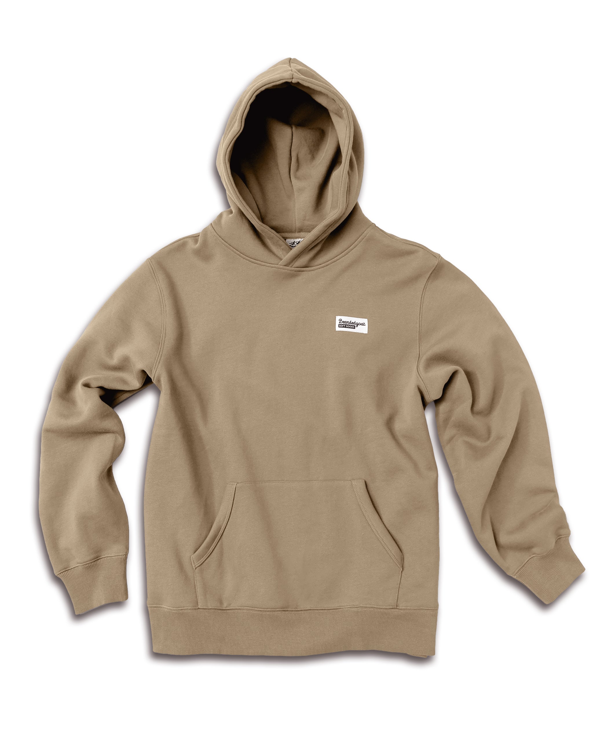 The beardedgoat VOID™ Hoodie in tan, crafted from heavyweight cotton fleece with a front pocket and a white "Established." patch on the left chest, is shown laid flat on a white background.