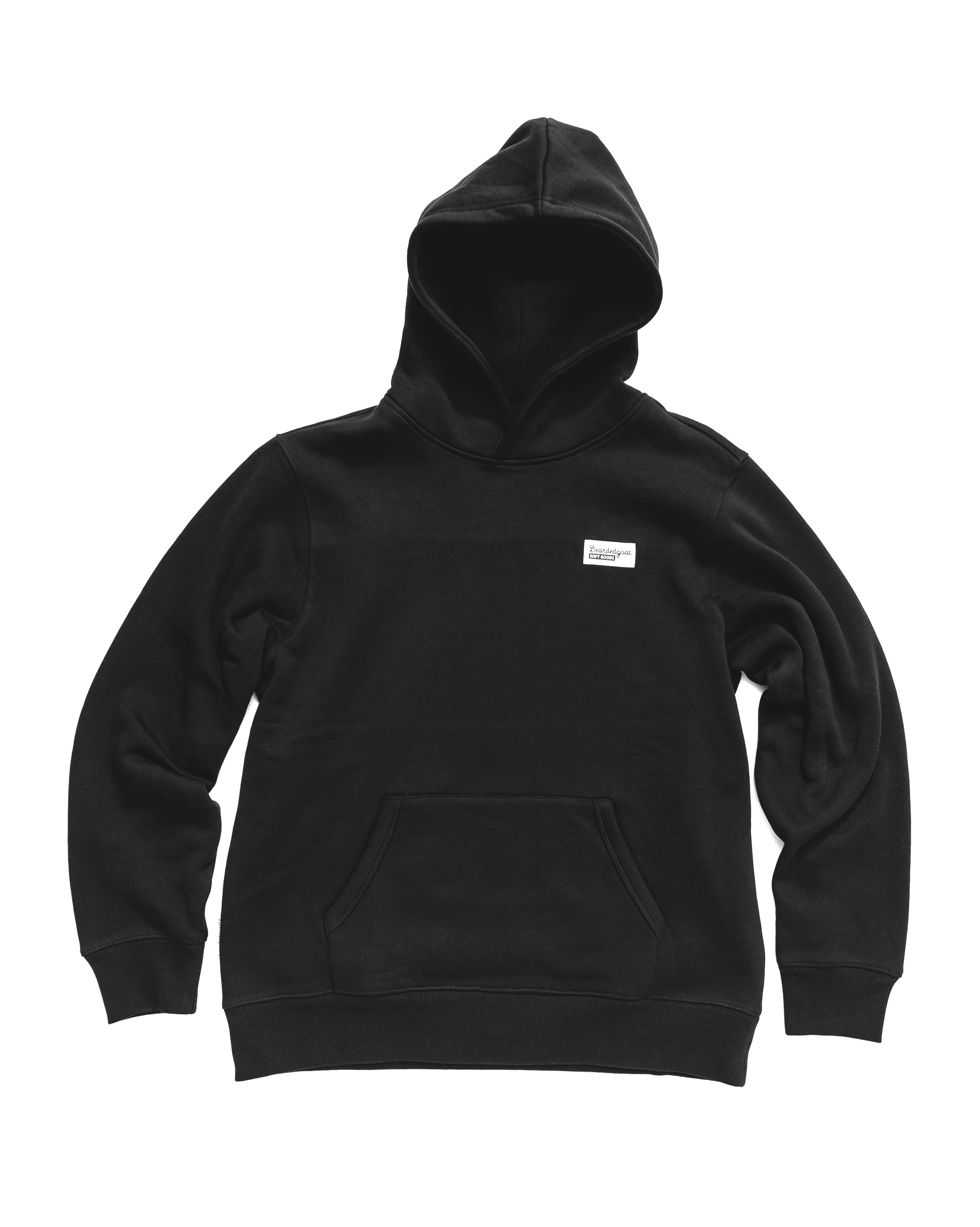 The beardedgoat Men's Void Hoodie is a black heavyweight cotton hoodie with a front pouch pocket and a small rectangular white label on the chest, shown against a white background.
