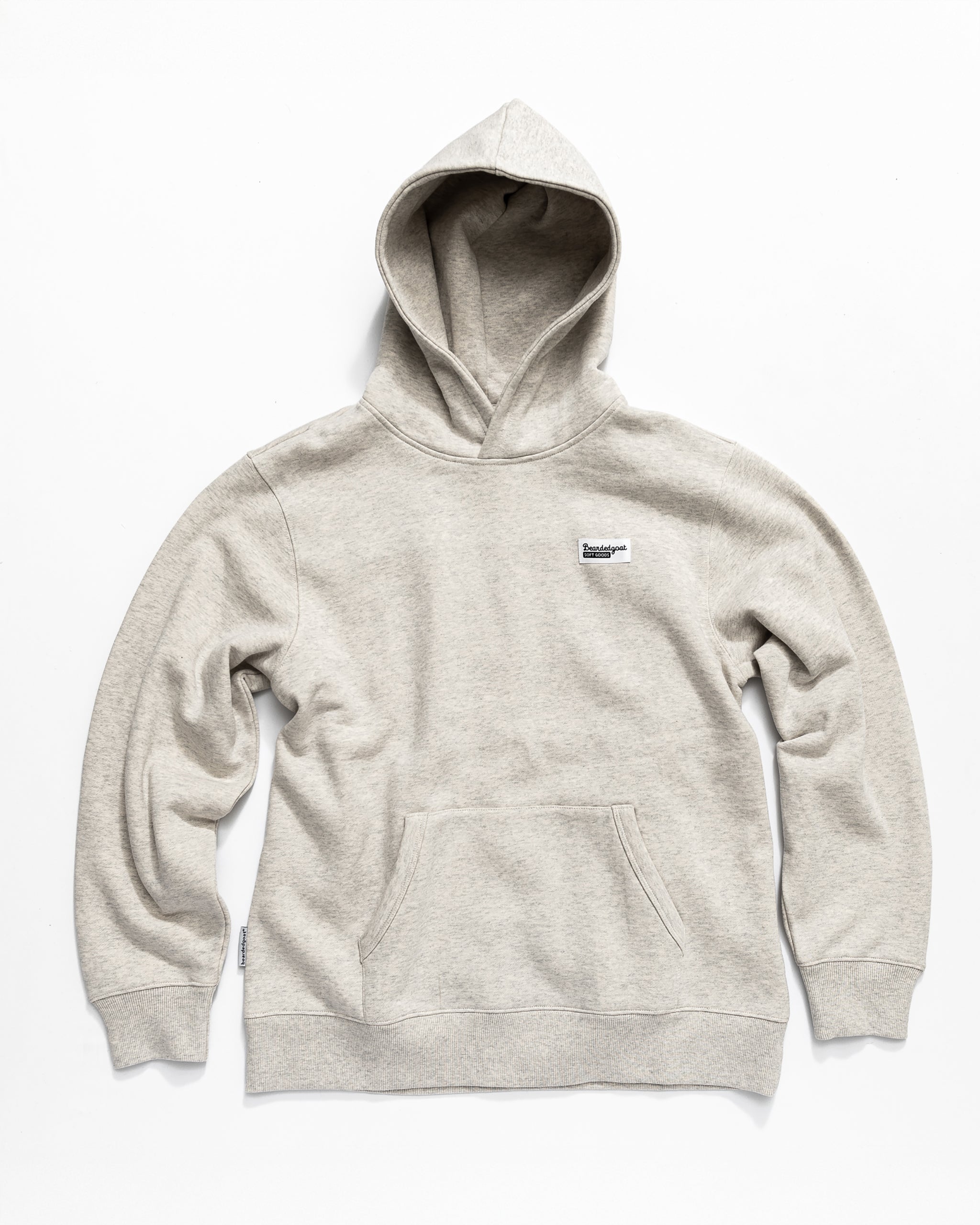 The beardedgoat Men's Void Hoodie, shown flat on a white background, is a light gray heavyweight cotton hoodie with a front pocket and a small stitched label on the left chest.