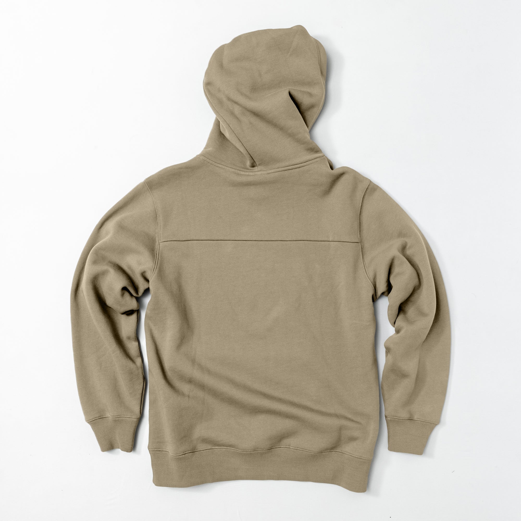 The beardedgoat Men's Void Hoodie in light brown is displayed flat on a white surface, shown from the back with its sleeves and hood spread out.