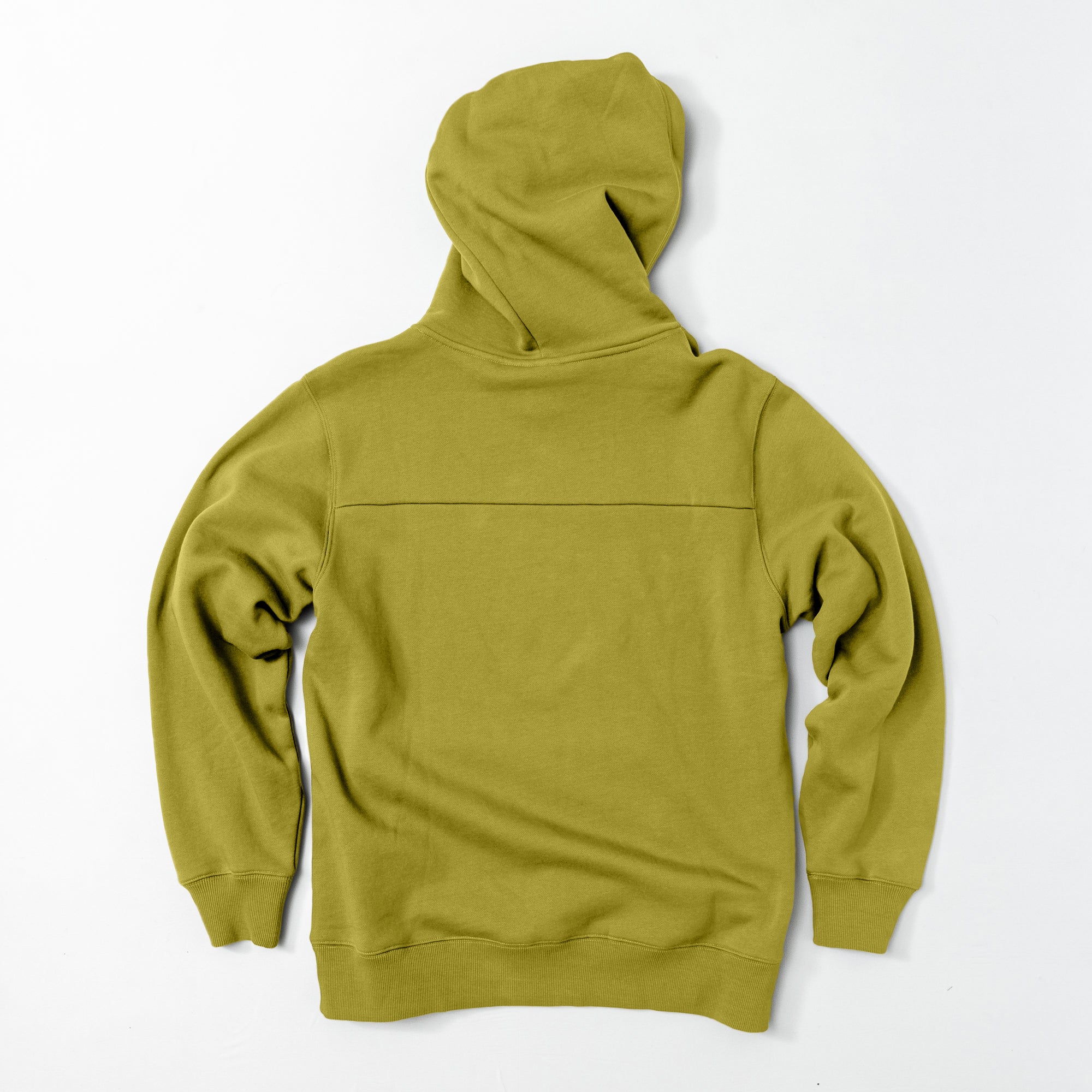 The beardedgoat VOID™ Hoodie in plain olive green heavyweight cotton fleece is laid flat on a white surface, shown from the back with the hood up and sleeves spread.