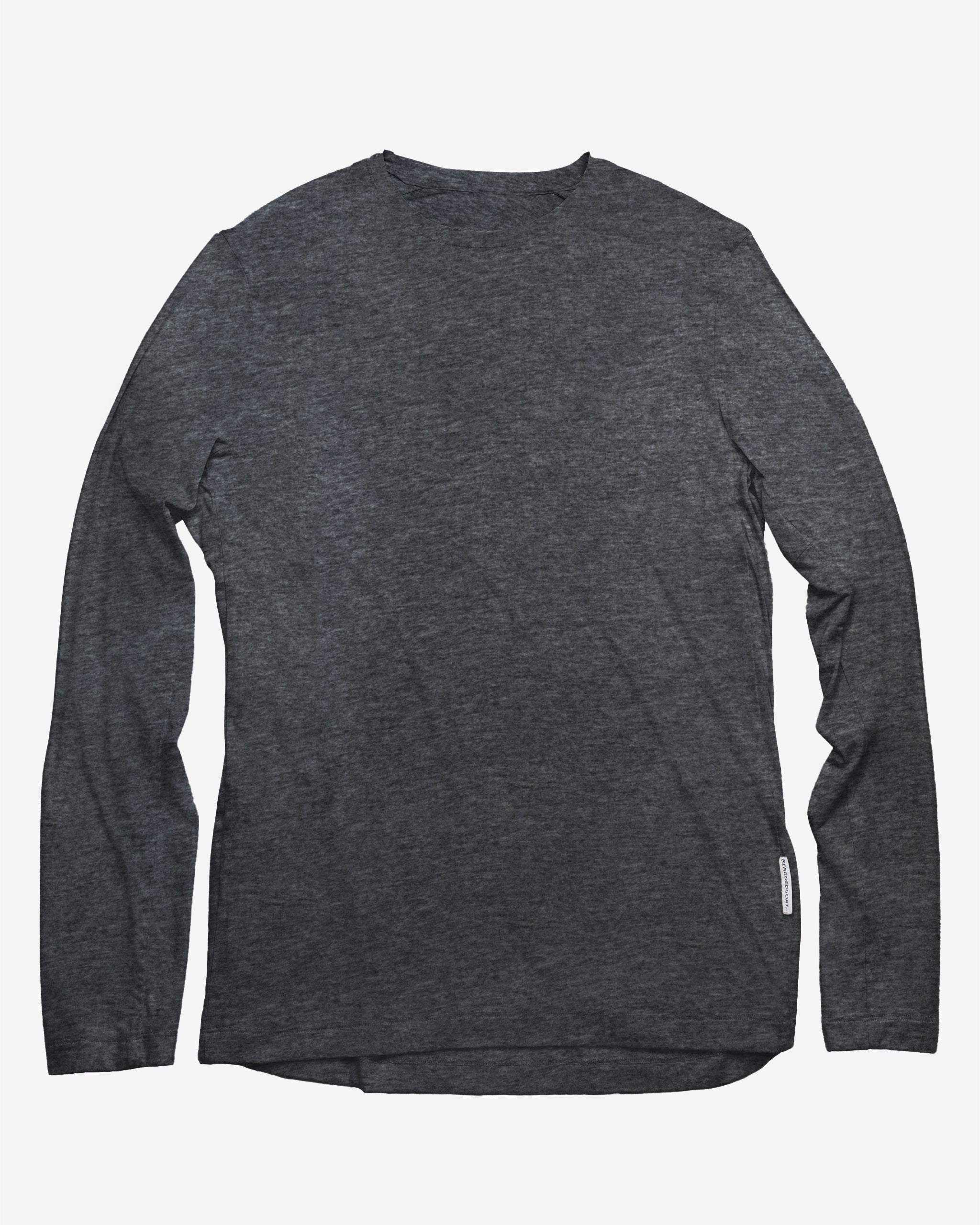The BEARDEDGOAT Men’s EverZen™ Long Sleeve in Heather Charcoal is a versatile, plain crew neck shirt for men, shown laid flat on a white background with a simple, pattern-free design and no visible graphics.