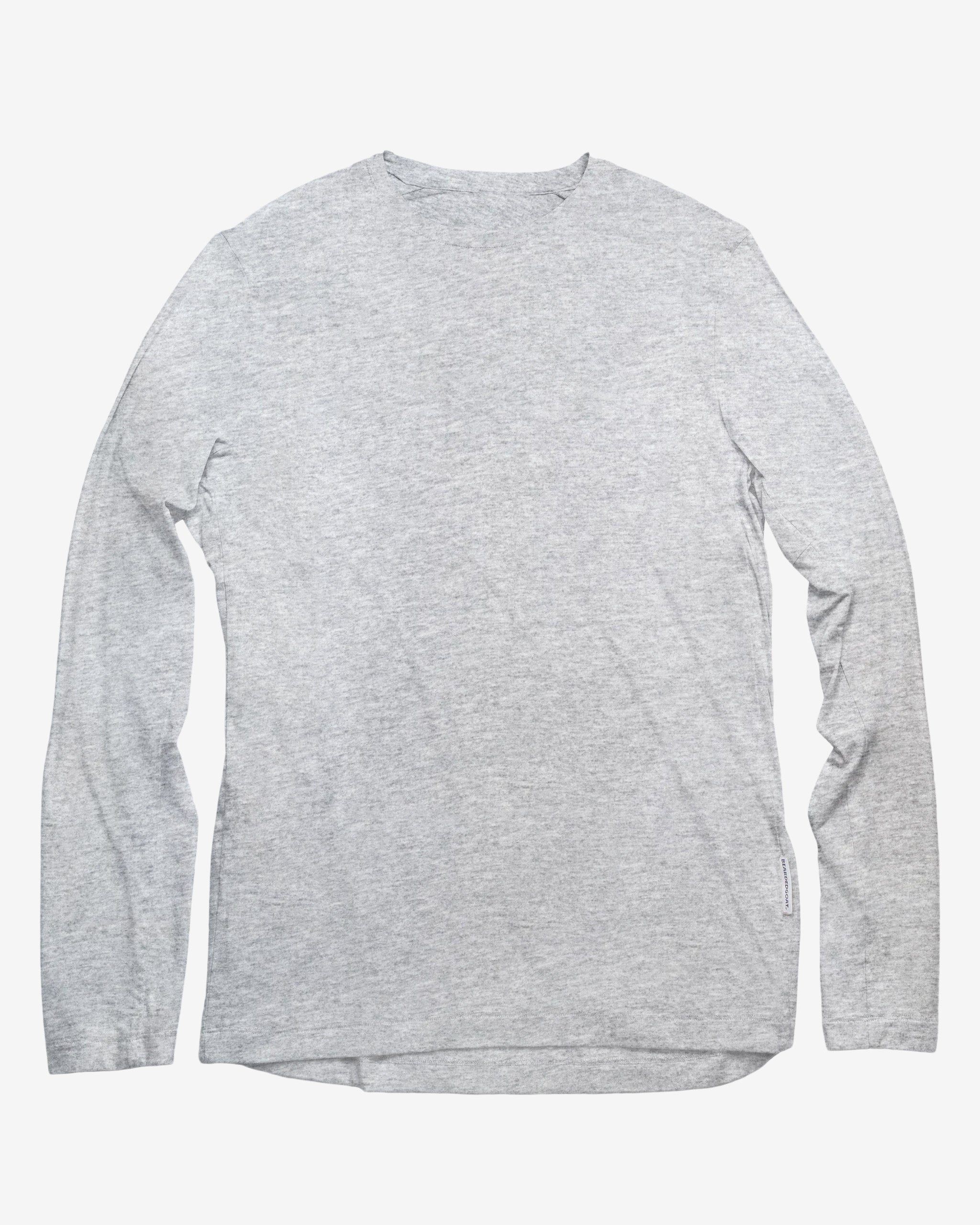 The BEARDEDGOAT Men’s EverZen™ Long Sleeve in heather grey is a versatile bamboo blend crew neck shirt, shown laid flat on a white background.