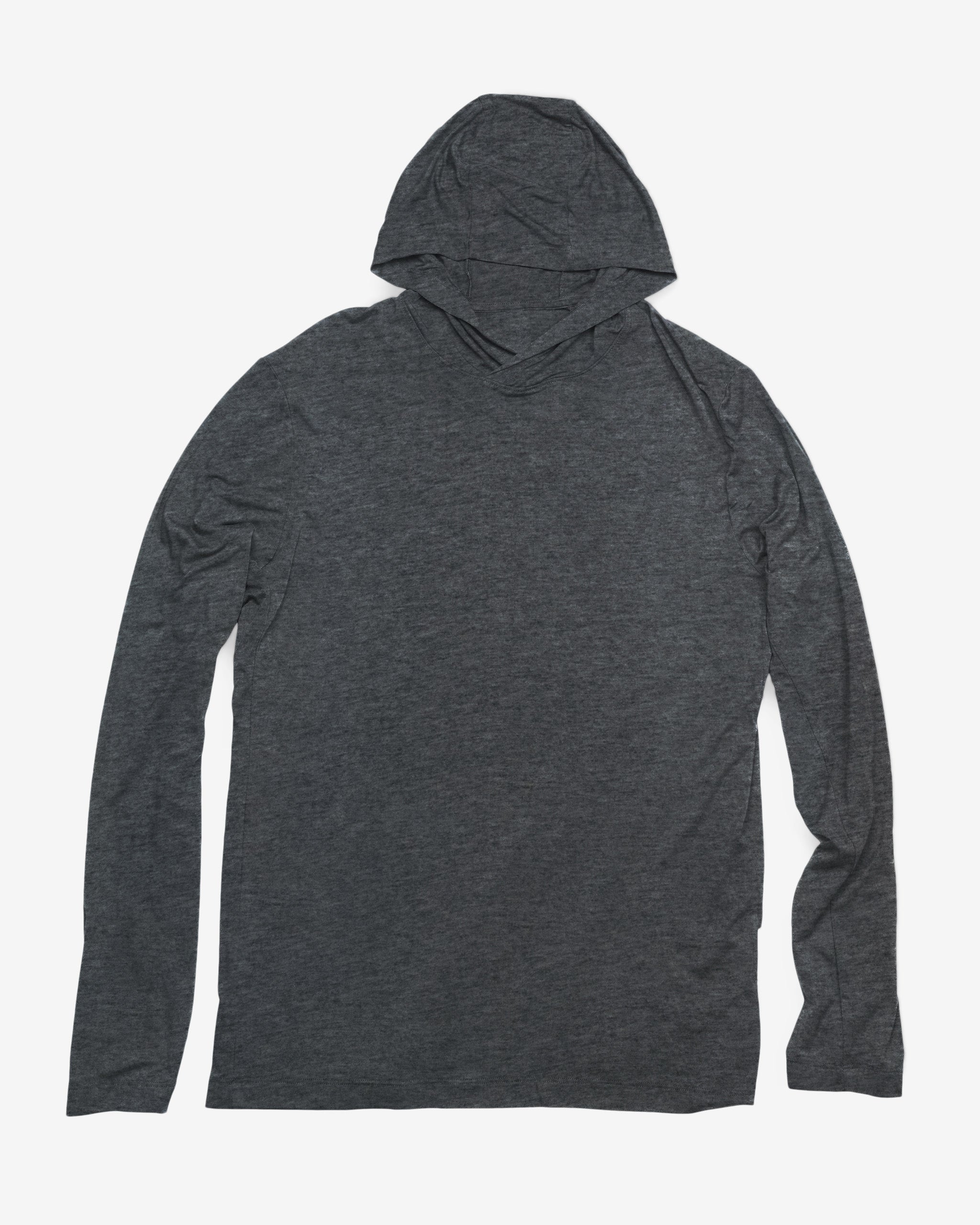 The BEARDEDGOAT Men’s EverZen™ Hoodie in Heather Charcoal is a long-sleeve bamboo hoodie laid flat on a white background, ideal for eco-conscious shoppers seeking sustainable style.