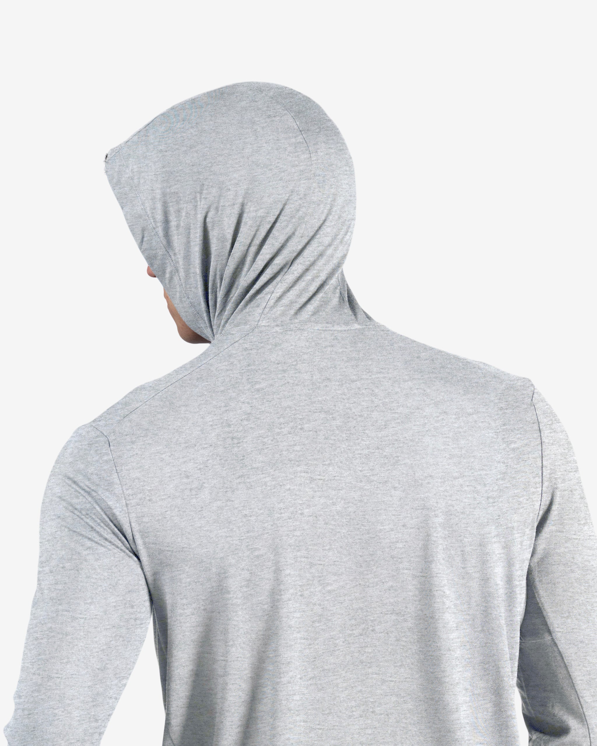 A person is shown from the back wearing the BEARDEDGOAT Men’s EverZen™ Hoodie in light gray with the hood up, head turned slightly left, against a plain white background—perfect for those seeking sustainable style.
