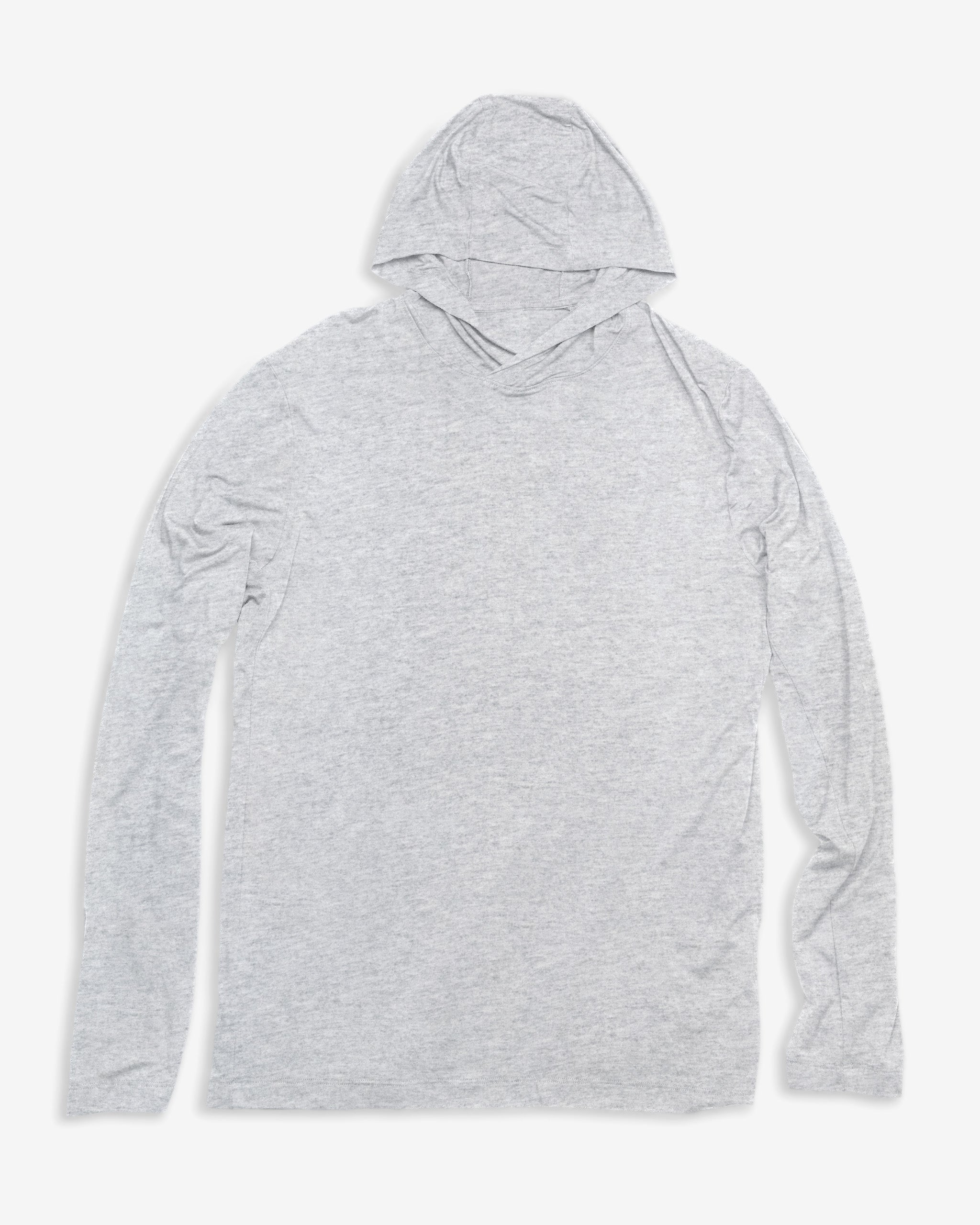The BEARDEDGOAT Men’s EverZen™ Hoodie in heather grey is a long-sleeve bamboo hoodie laid flat on a white background, offering a stylish and sustainable addition to any wardrobe.