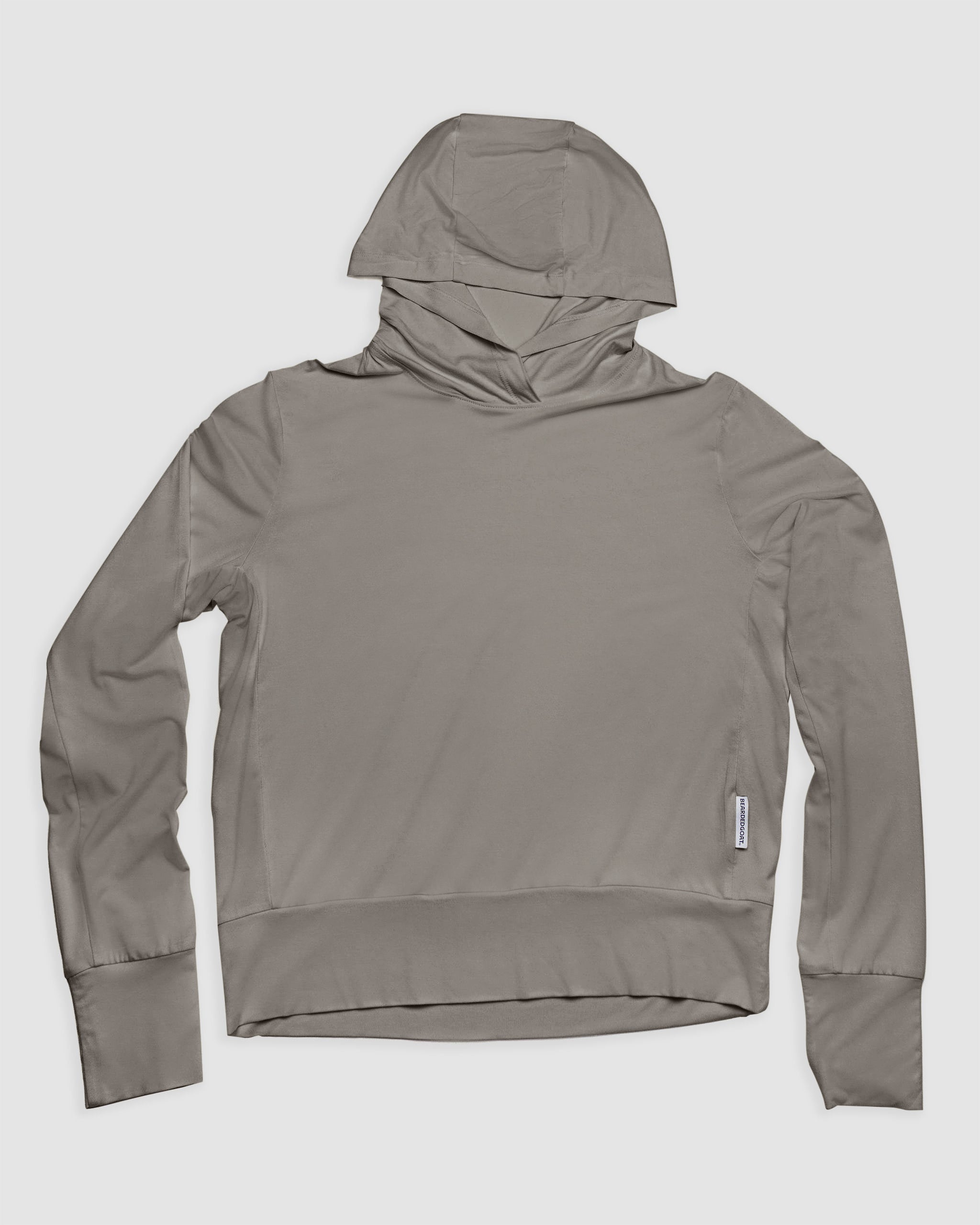 A Women’s EverZen™ Bamboo Hoodie by BEARDEDGOAT in light gray, made from soft, sustainable bamboo fabric, is shown flat on a white background with the hood up and arms outstretched.