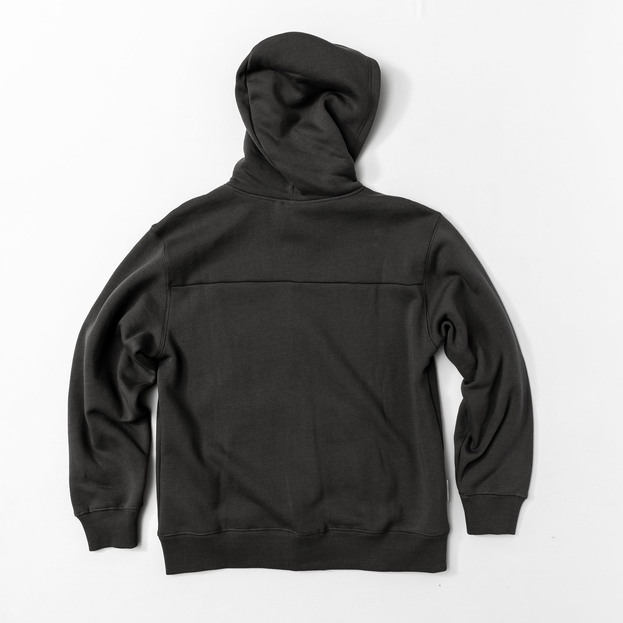 The VOID™ Hoodie by beardedgoat, crafted from heavyweight cotton fleece, is laid flat on a white surface with the hood up and sleeves spread, showcasing its back.