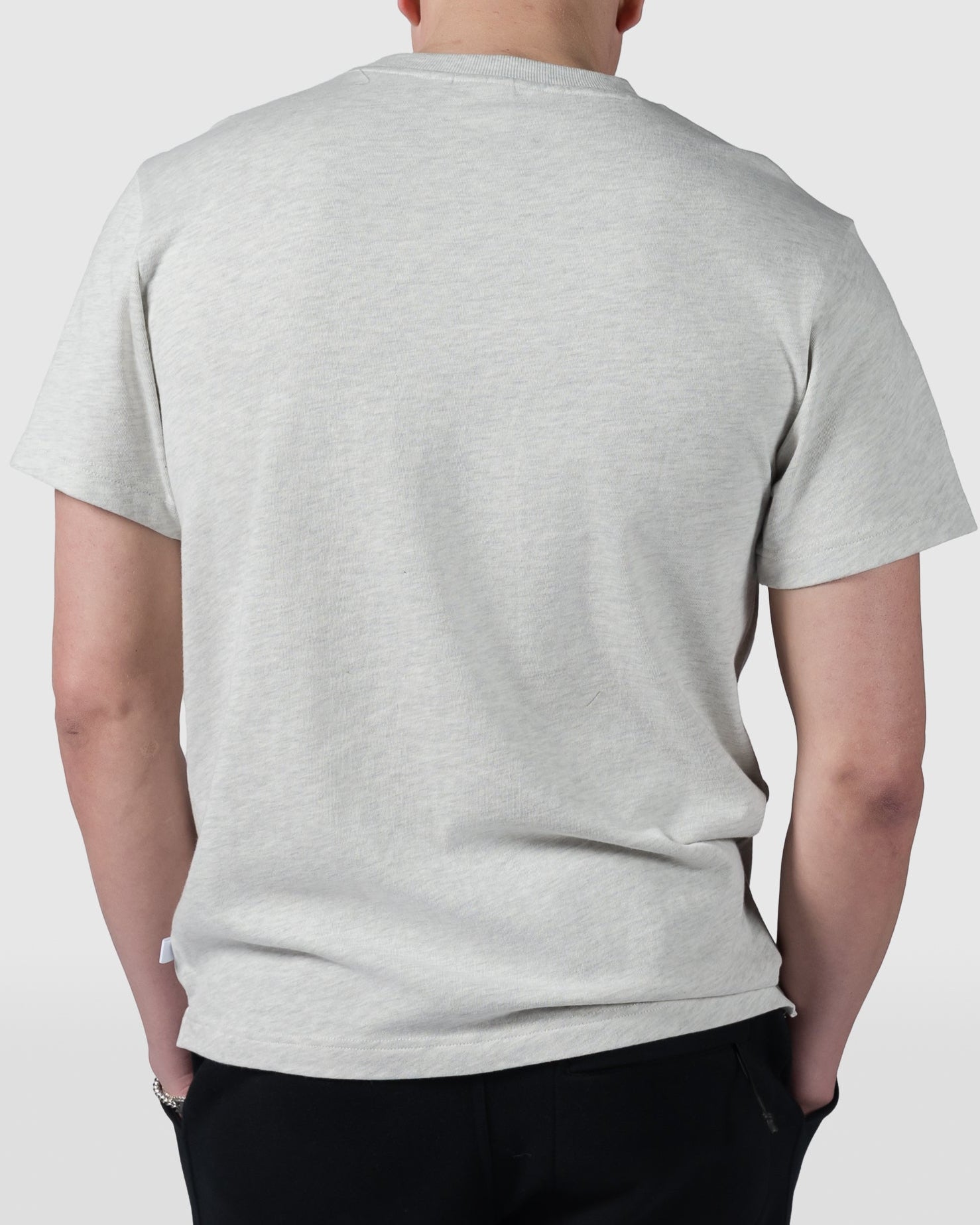 A person with short brown hair stands with their back to the camera, wearing a light gray BEARDEDGOAT Mens Valley Tee and dark pants against a plain, light background.