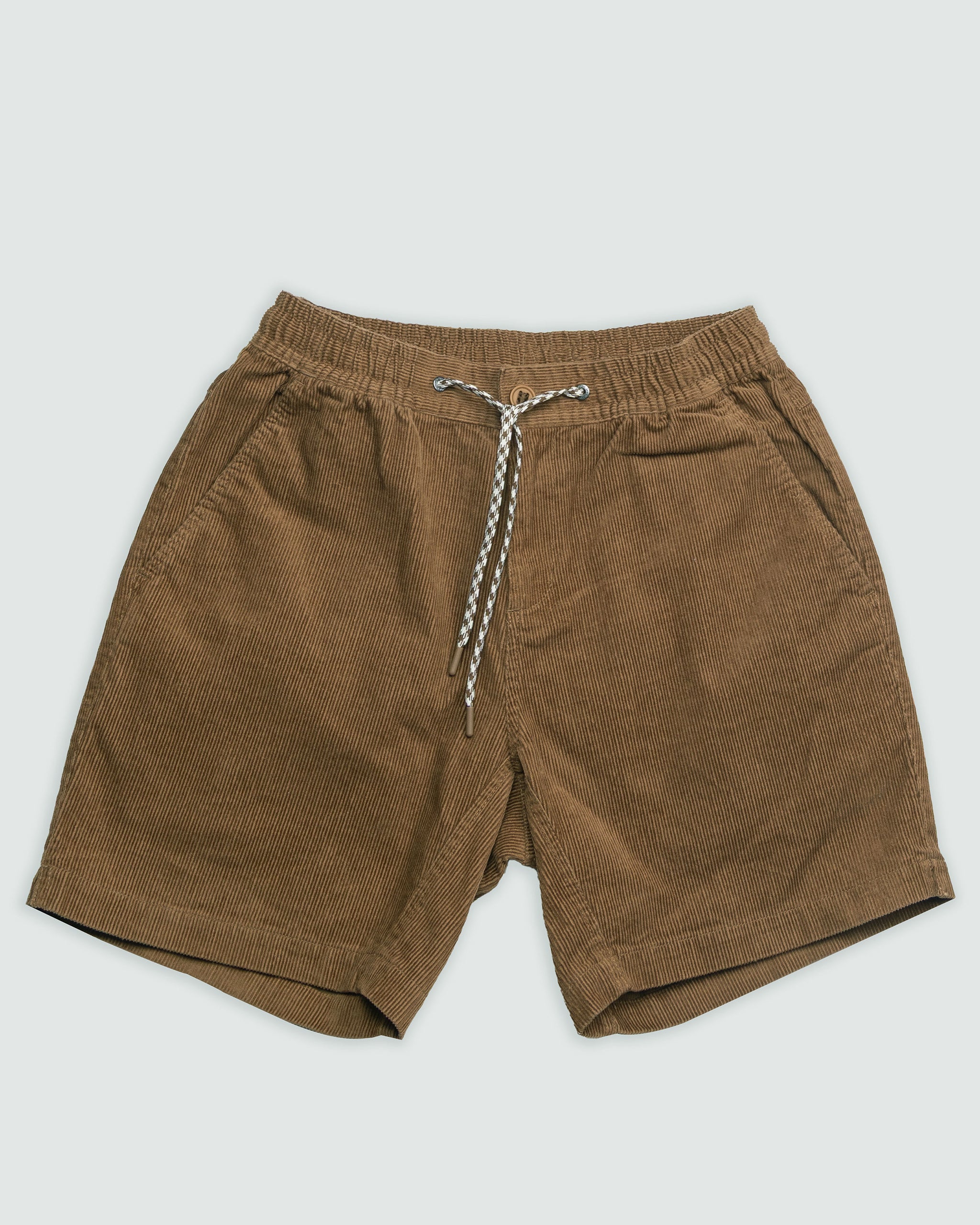 The BEARDEDGOAT Men's Cord Short, featuring an elastic waistband, side pockets, and a white and gray drawstring, is displayed flat on a light background—ideal for everyday versatility.