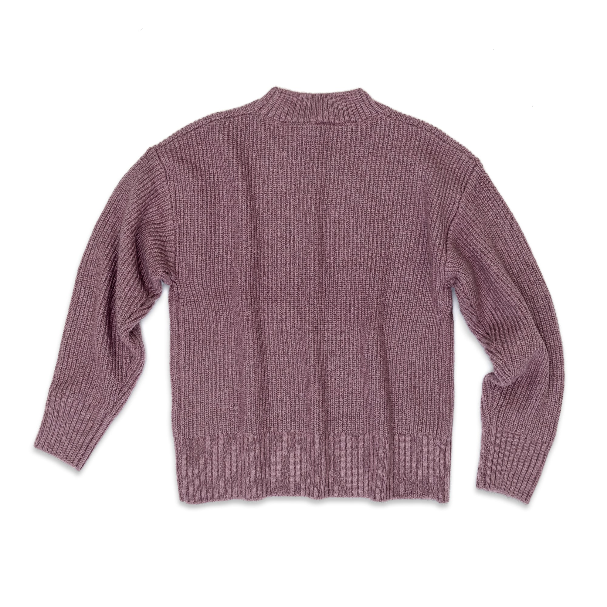 A mauve, long-sleeve beardedgoat Womens Basin Waffle Sweater is laid flat with the back facing up, showcasing its high neckline and relaxed fit for cozy comfort.