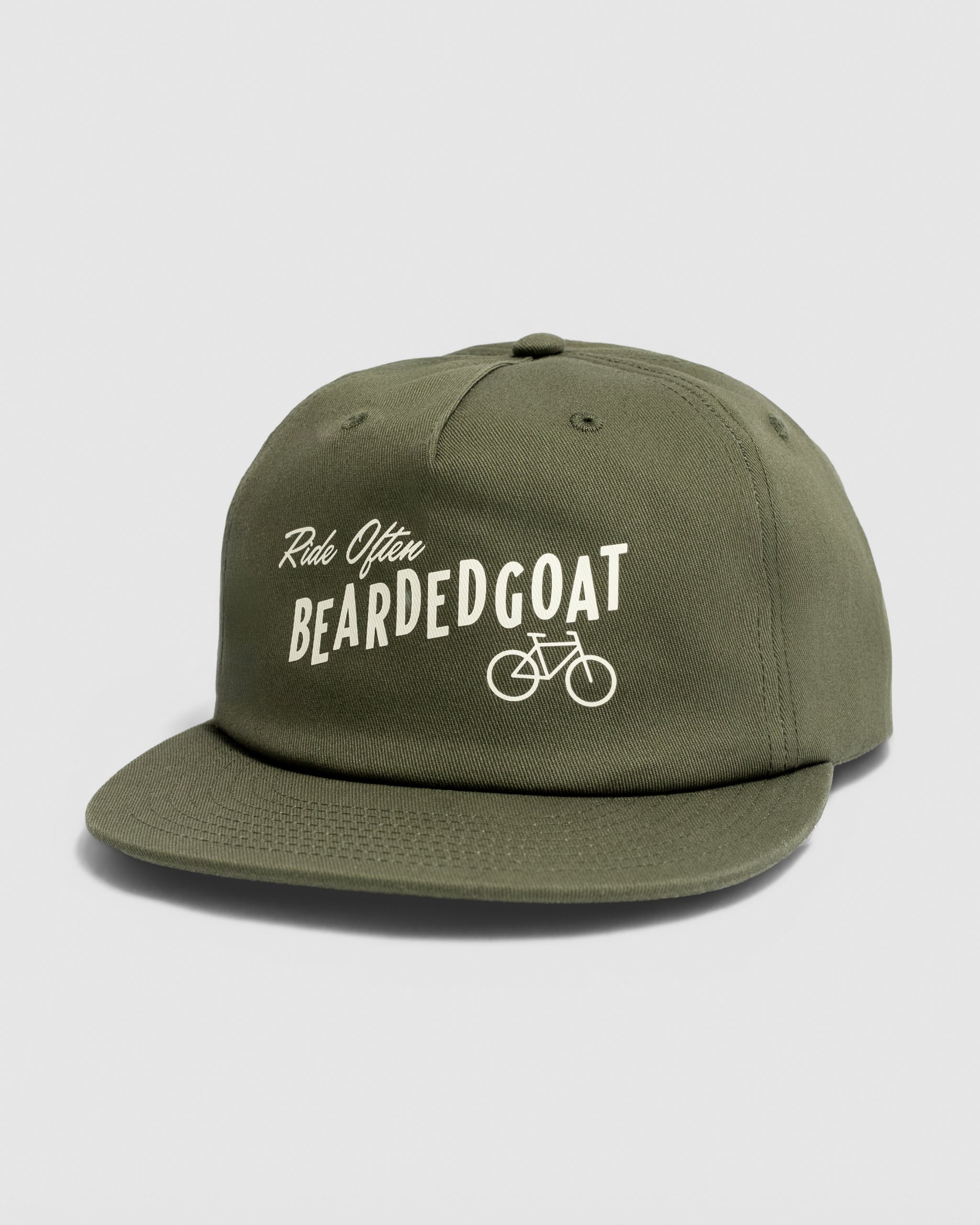 The Ride Often Hat - Army by BEARDEDGOAT features olive green fabric, white Ride Often BEARDEDGOAT text, a bicycle graphic, flat brim, and ventilation holes—perfect for adventures or daily wear.