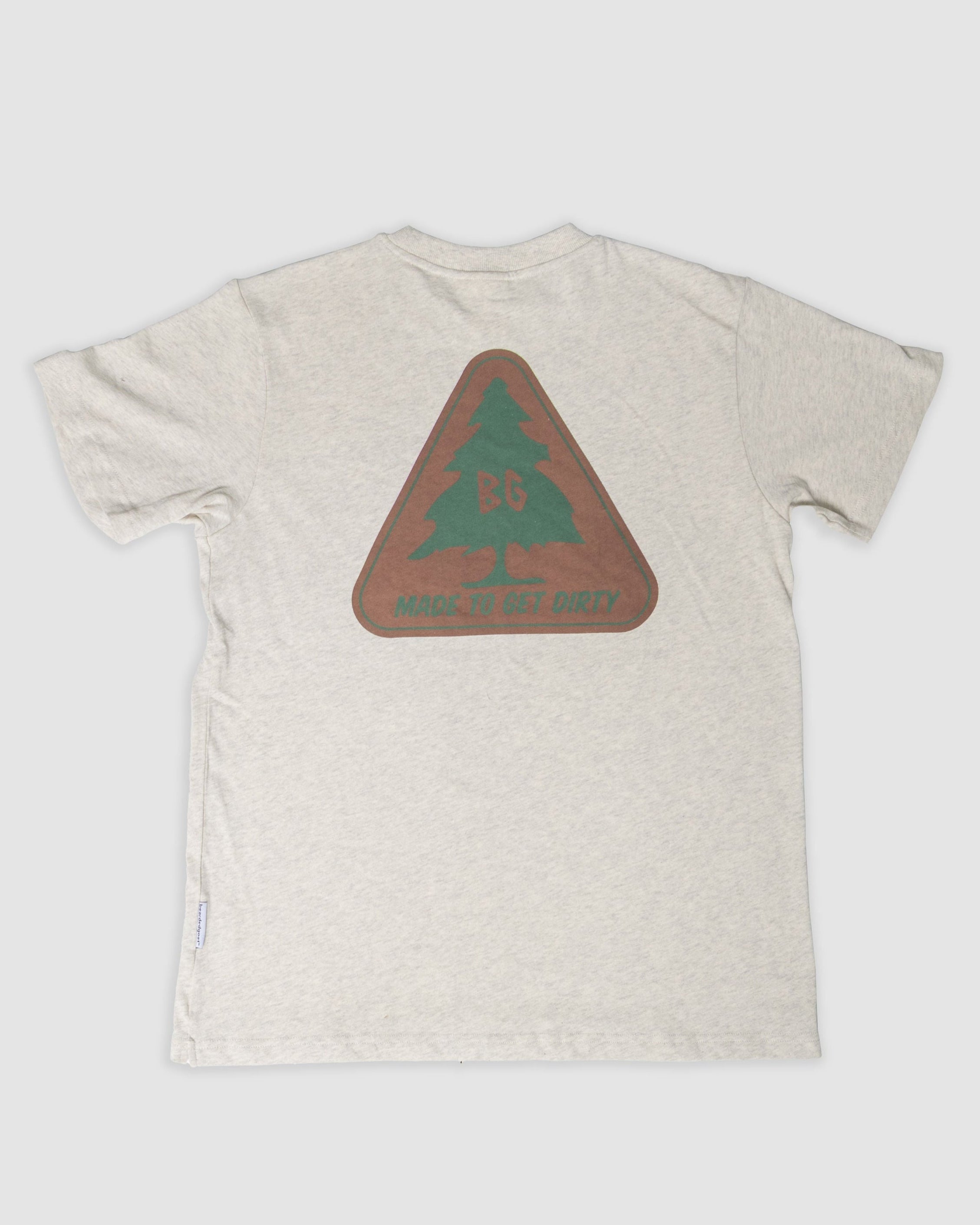 The BEARDEDGOAT Pine Tee - Snow Grey is a thick cotton short-sleeve shirt with a large back triangle patch featuring a green pine tree and BG MADE TO GET DIRTY in green and red.