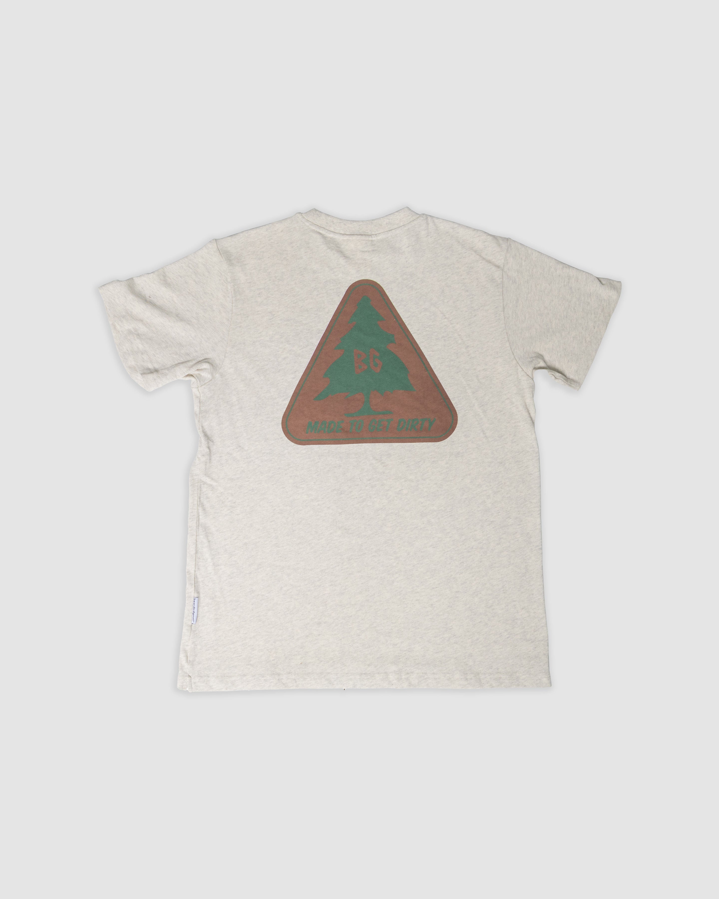 The BEARDEDGOAT Pine Tee - Snow Grey is a thick cotton short-sleeve shirt with a large back triangle patch featuring a green pine tree and BG MADE TO GET DIRTY in green and red.