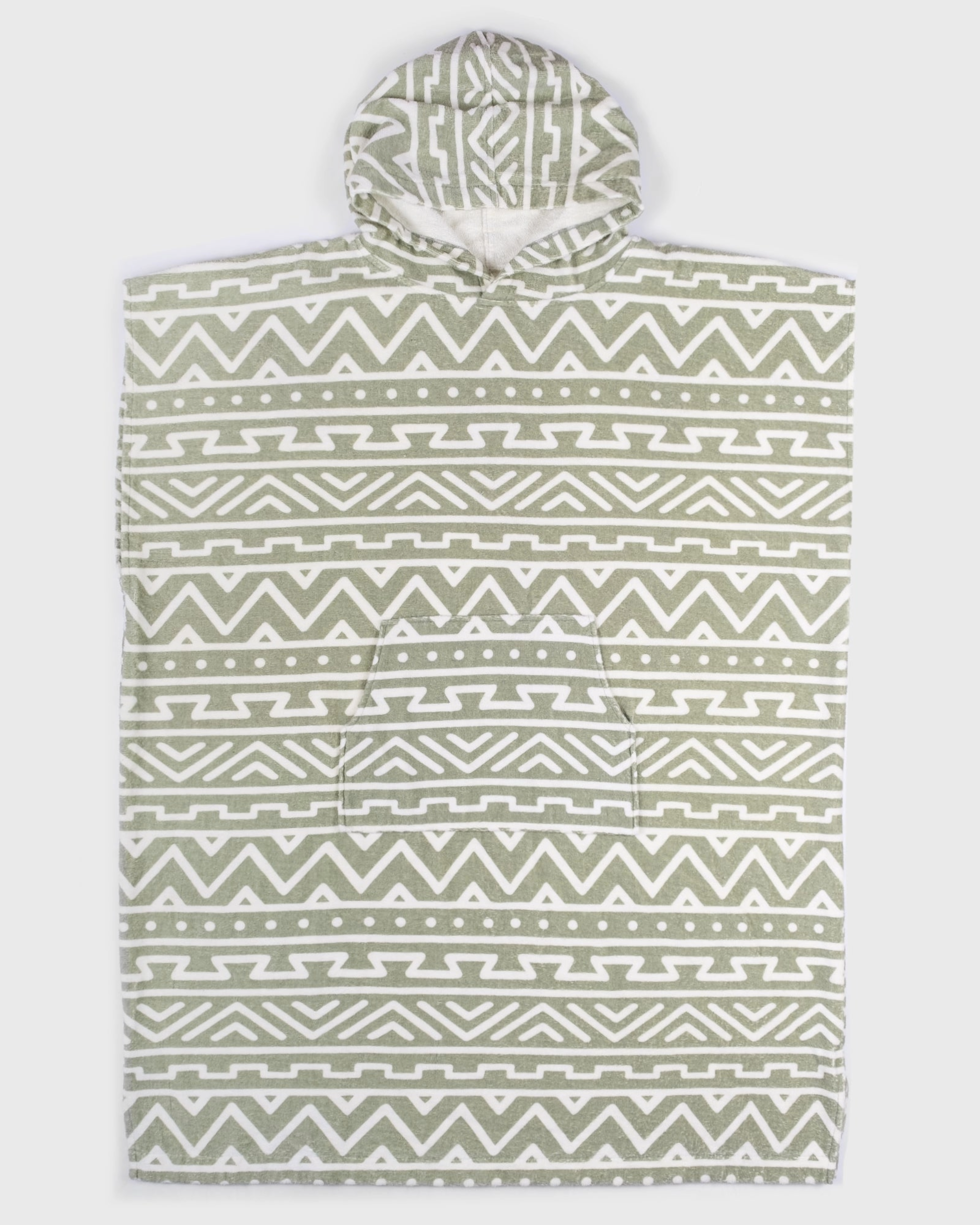 The beardedgoat Changing Towel is a summer must-have, featuring a green and white geometric design with zigzags, triangles, and lines. Its large front pocket and relaxed fit make it the ideal beach towel for comfort and style.